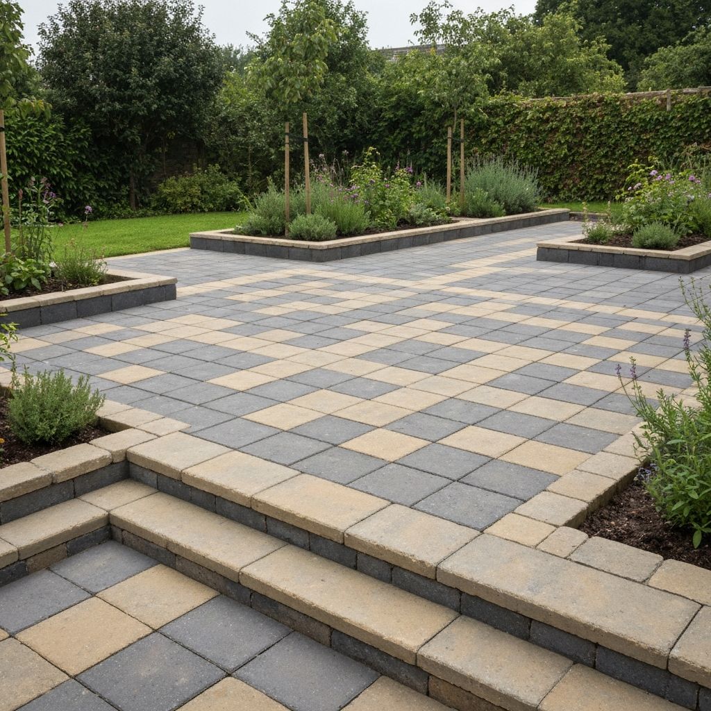 Block paved patio and steps in residential garden
